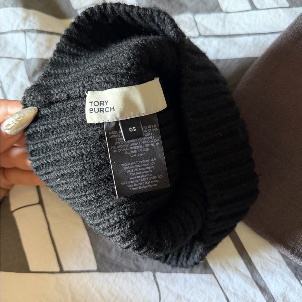 Tory Burch Black and Taupe Knit Beanie Duo. One TB one no brand - Picture 3 of 4